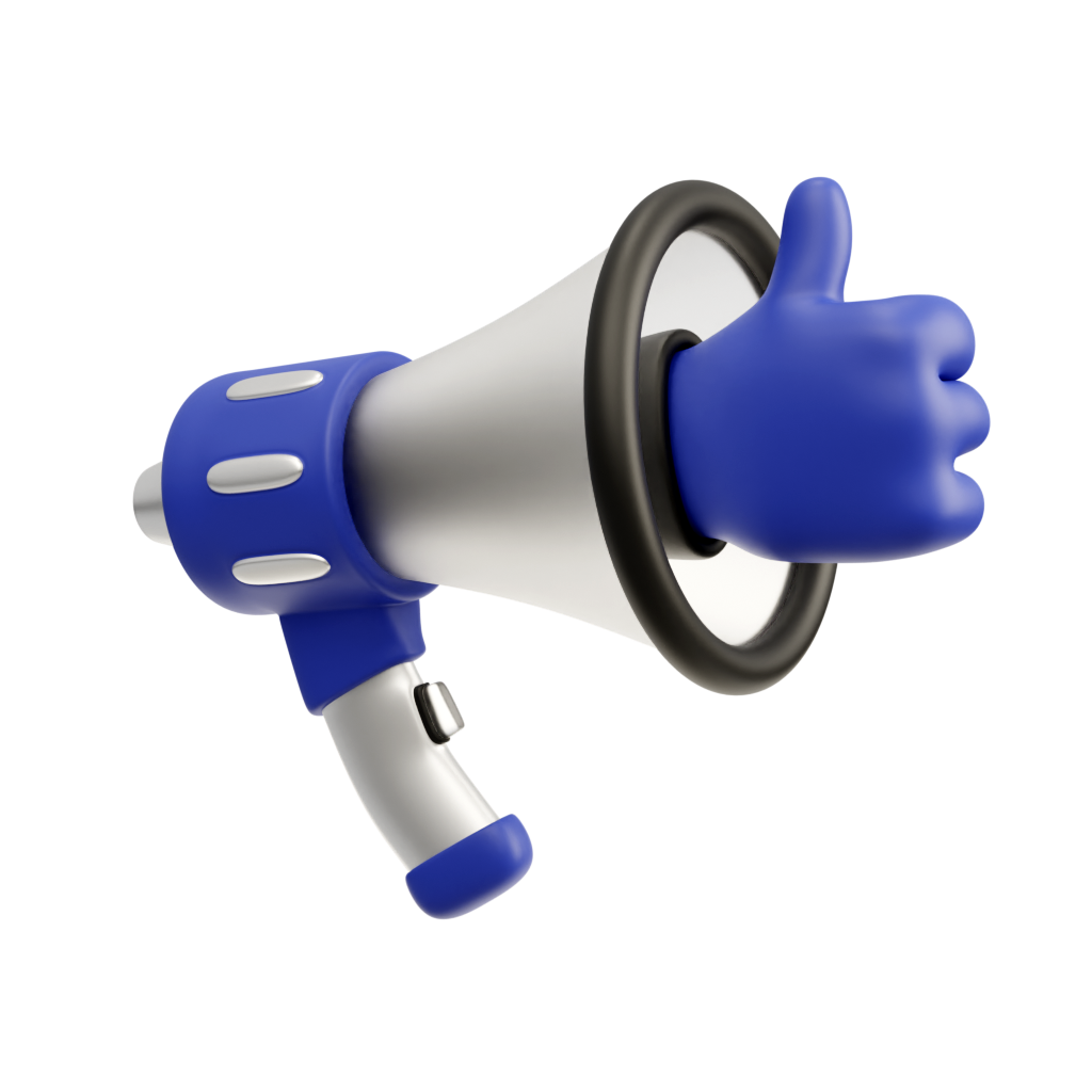 A blue megaphone with a blue thumbs up sticking out